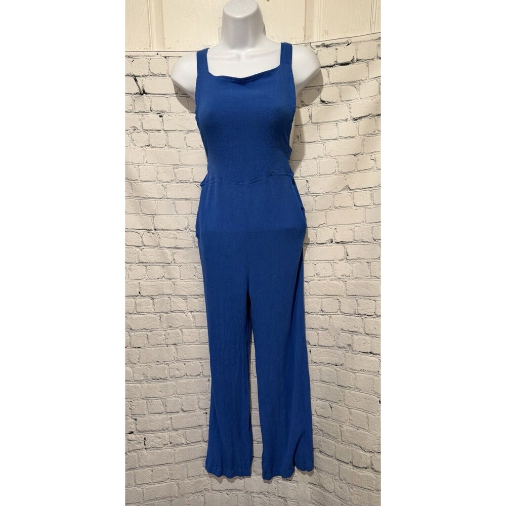 Jaase Blue Ribbed One-Piece Rayon Sleeveless Jumpsuit Size Small